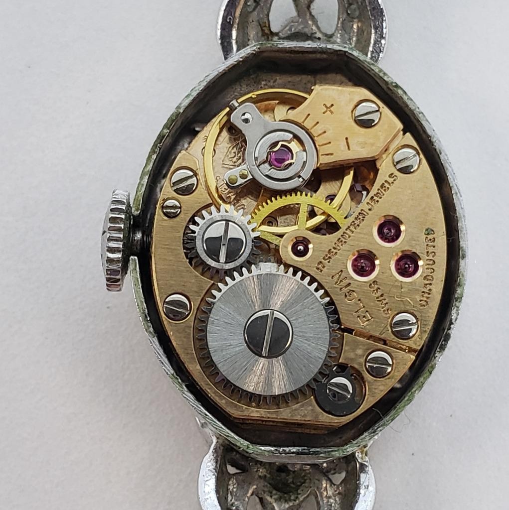 Elgin Cocktail Wristwatch 10k White Gold RGP Bezel Stainless Back JB 10k GF Band