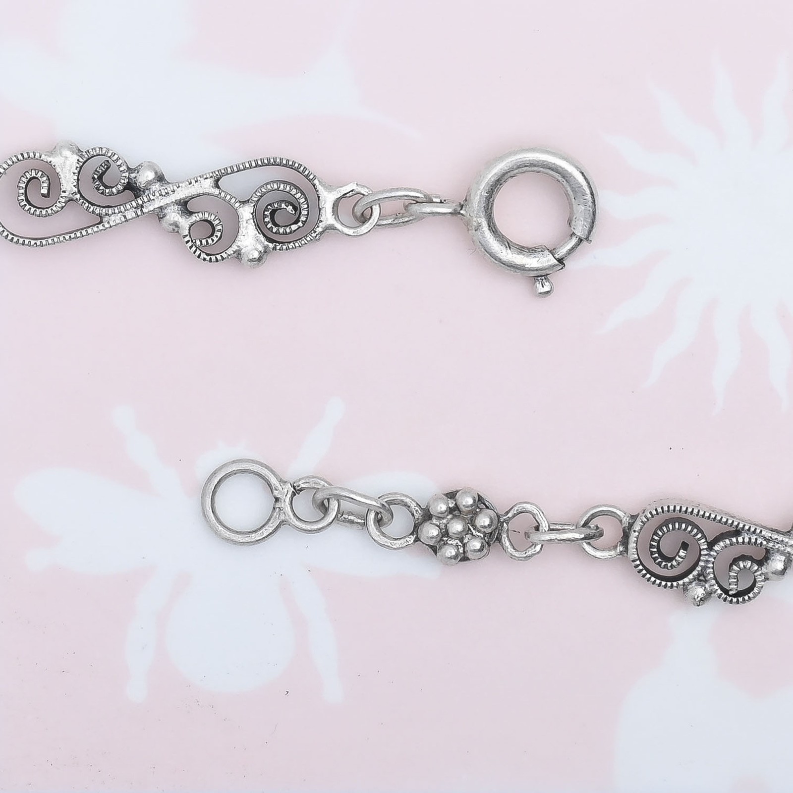 Antique Edwardian Millegrain Filigree Flower Sterling Silver 40″ Chain Necklace