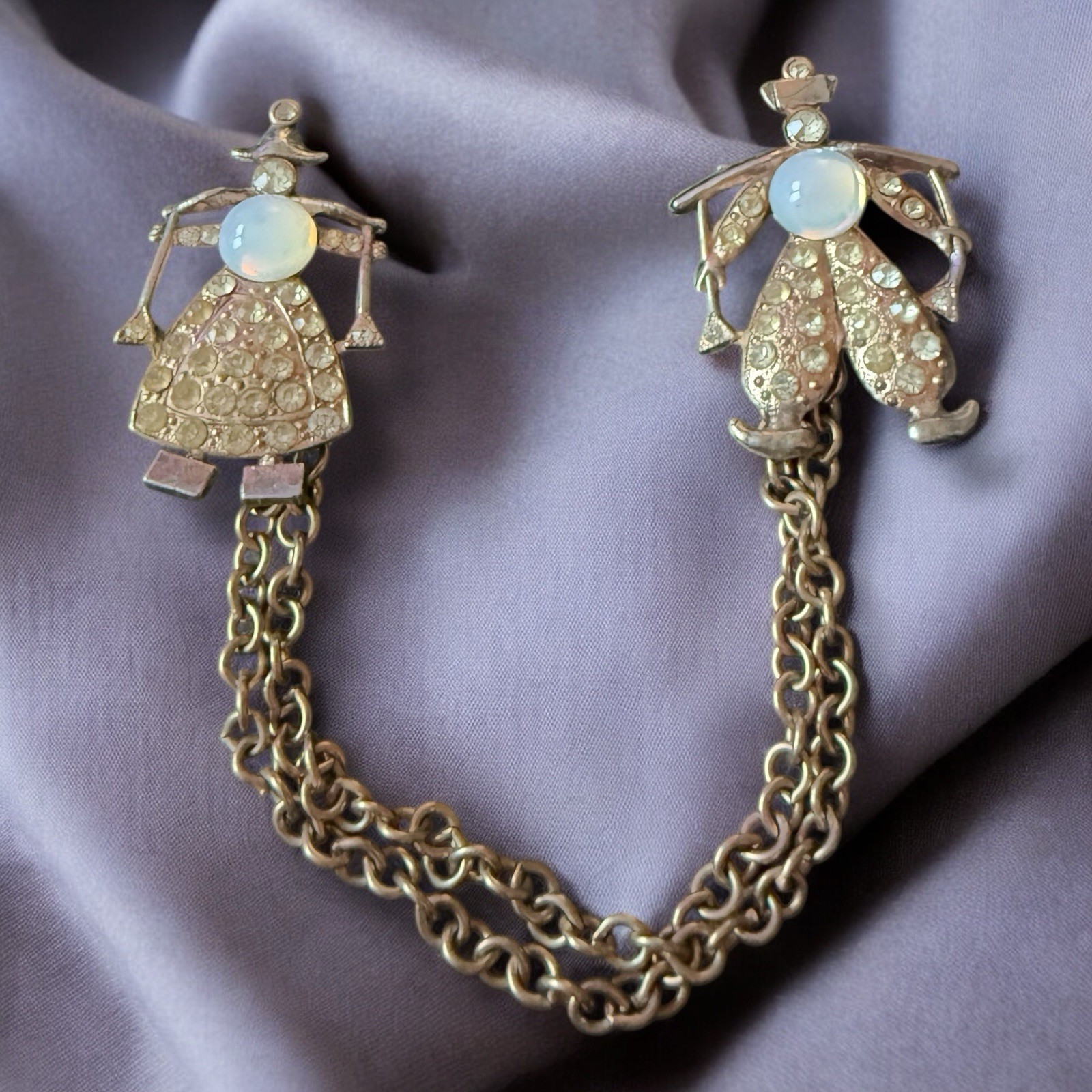 Opaline Glass Chatelaine Brooch Pot Metal Dutch Boy Girl Vintage 1940s
