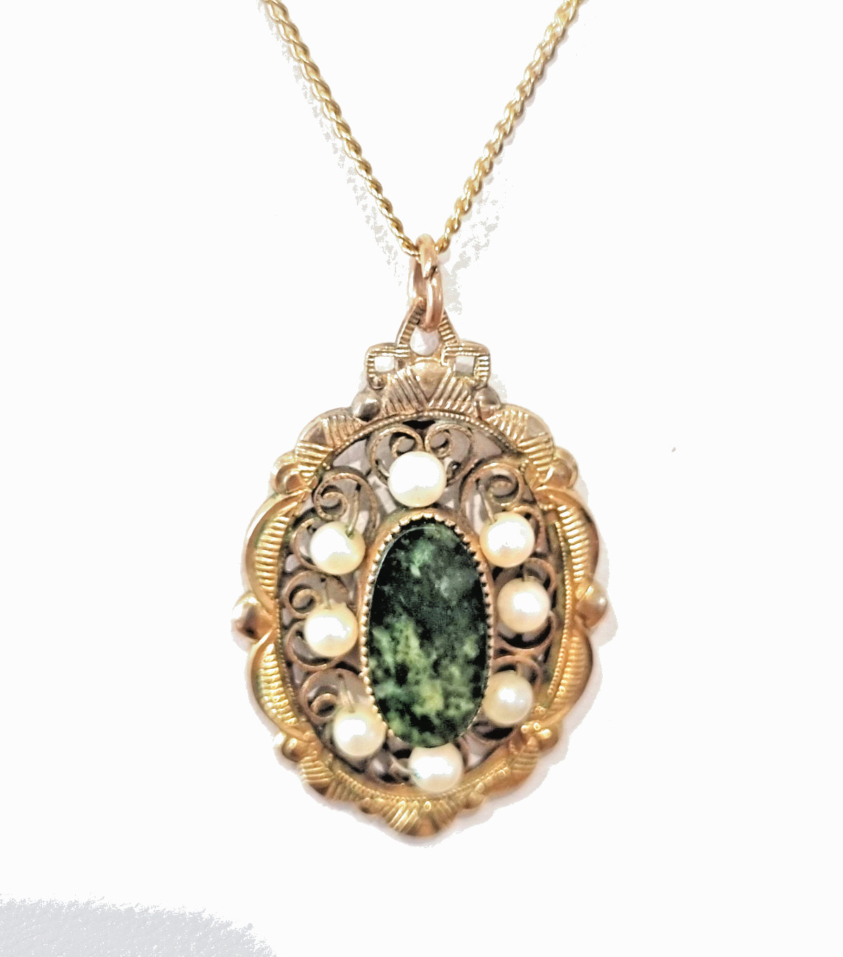 Vintage 12k Gold Fill Real Pearl Genuine Jade Pendant Chain Necklace See Video