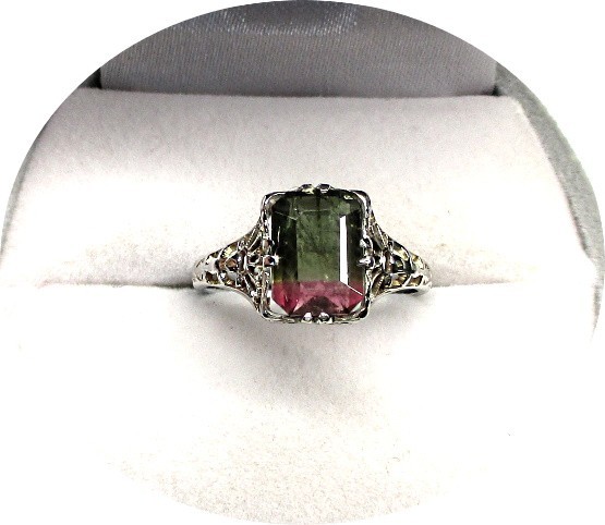 Pretty TOURMALINE Ring, Natural Bi-Color, Red Green – 14k White Gold Filigree