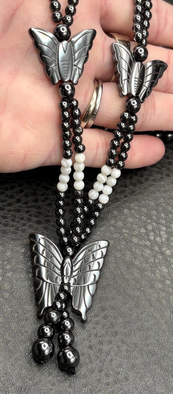 Vintage Butterfly Hematite and Mother of Pearl MOP Beaded Tassel Opera Long 32″