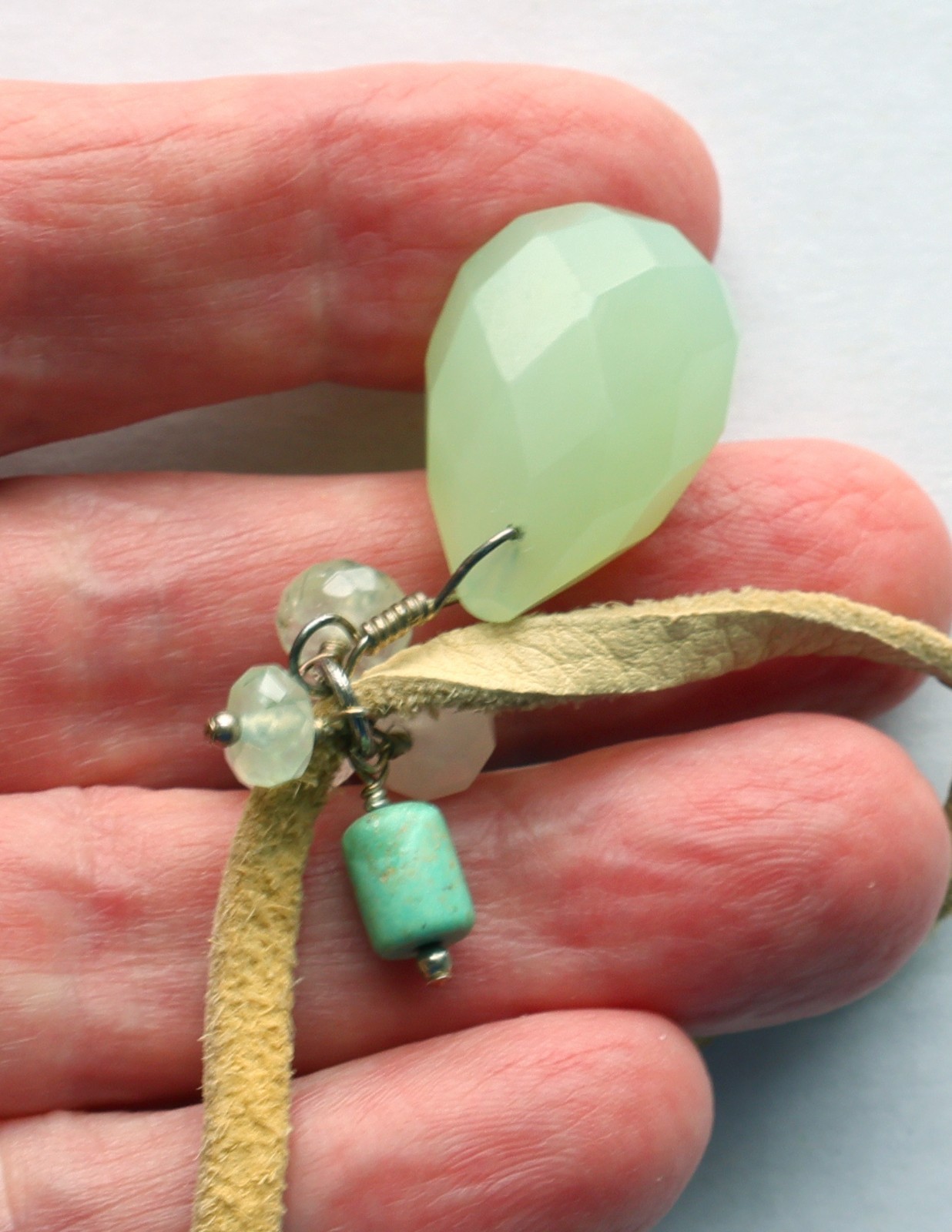 BARSE Sterling Necklace 20″ Suede Green Faceted Pendant Beads .925 Silver VTG