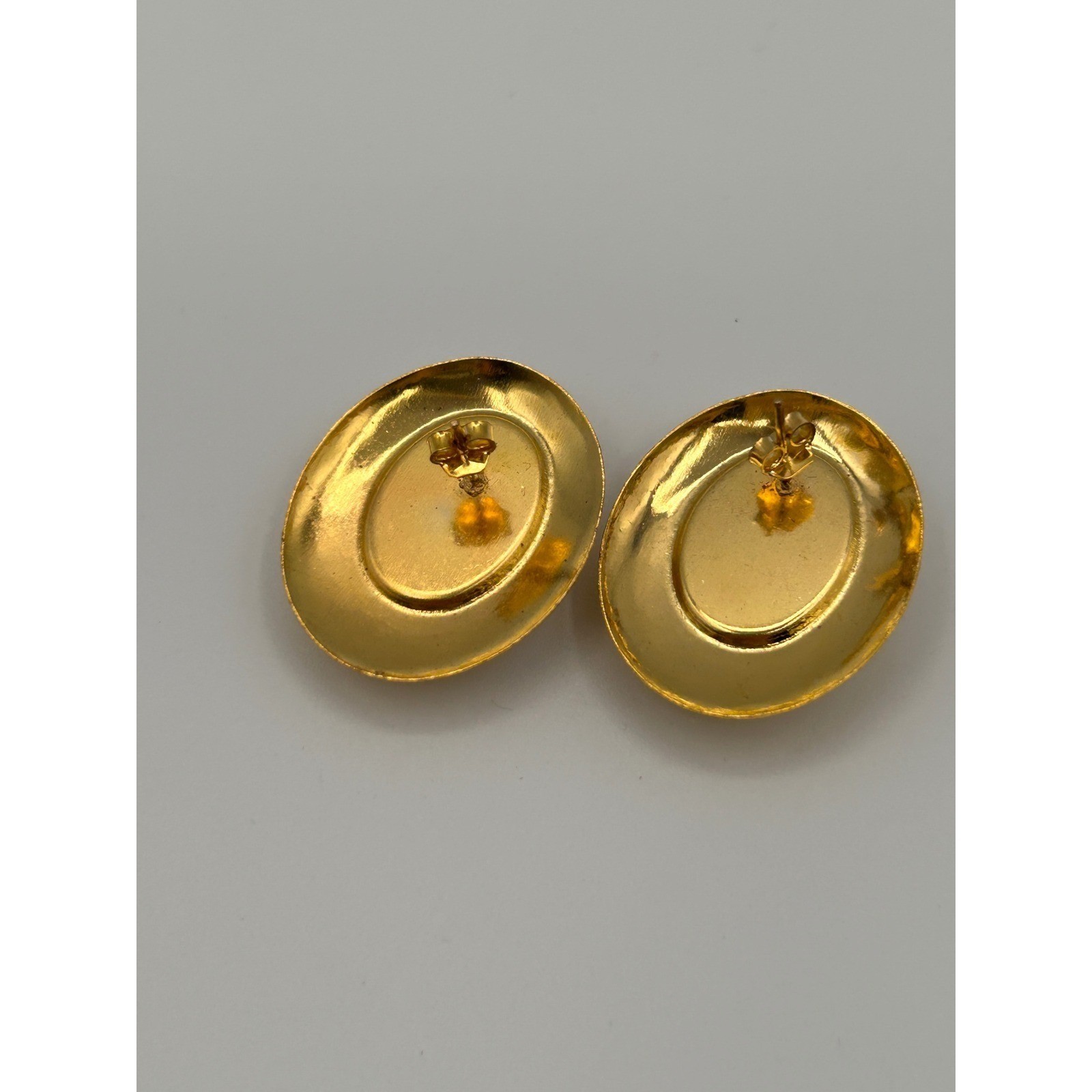 Vintage Gold Tone Oval Faux Pearl Stud Statement Earrings 1″ 80s Style