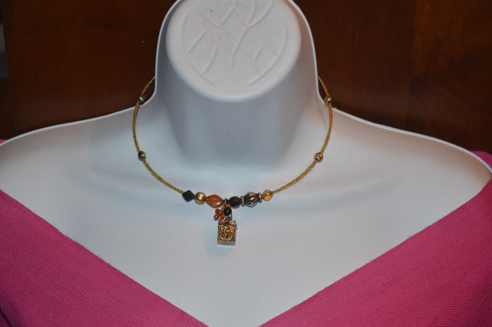Vintage Beaded Memory Wire Choker Necklace Teardrop w/ Box Pendant Sharm
