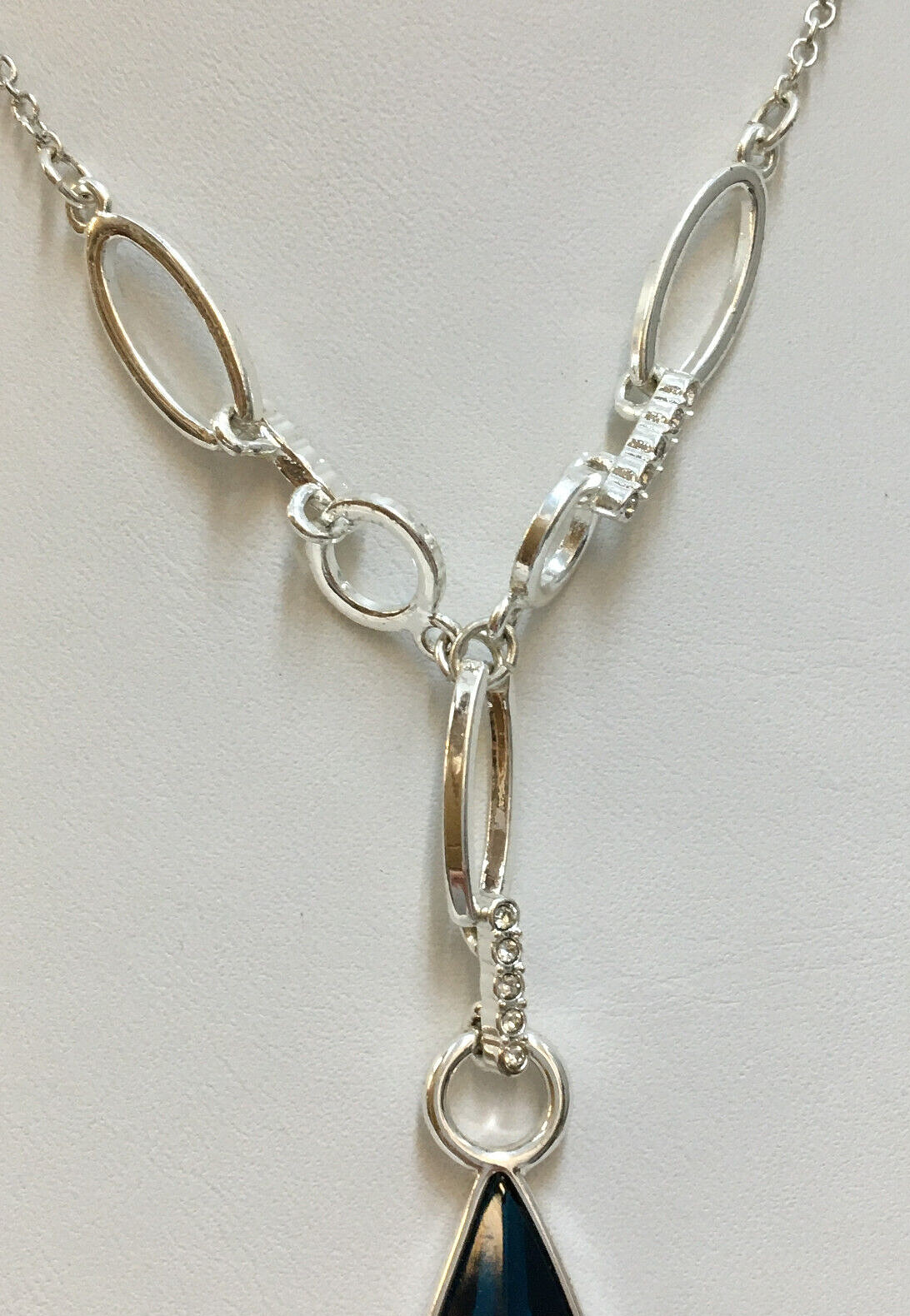Silver Tone Necklace Blue Faceted Teardrop Pendant And Clear Rhinetone Accents