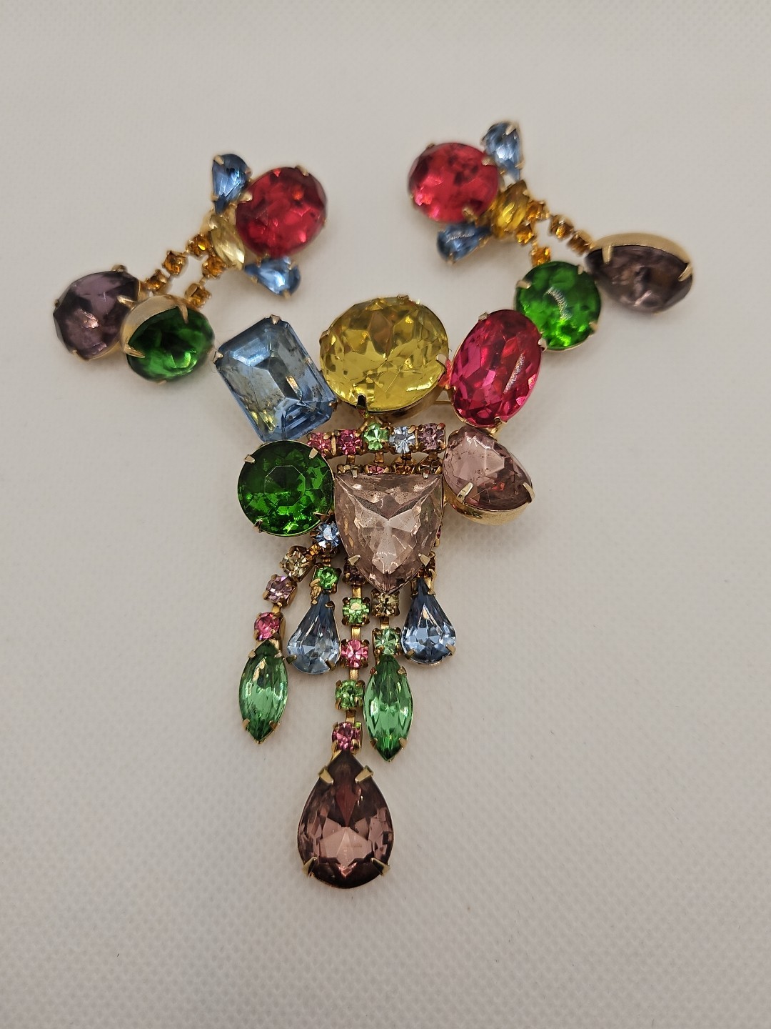Vintage Chandelier Large Brooch & Earrings Multicolor Rhinestones Set