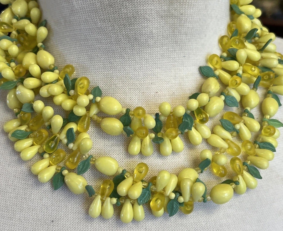 Vintage 2 Strand Tutti Fruity Lemon Necklace Czech Dangle Drop Clip Earrings Set