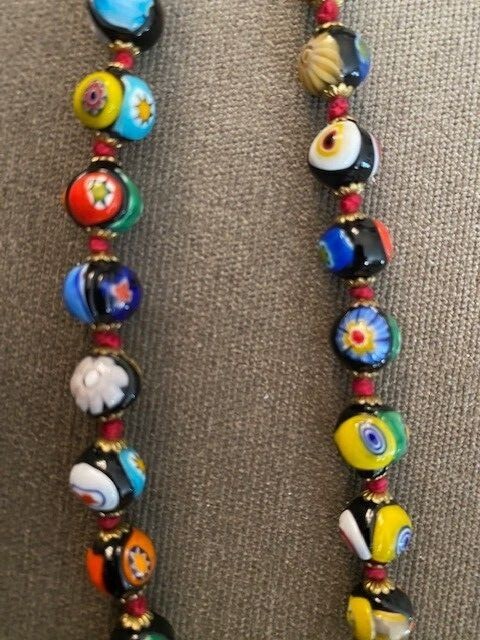 Murano Millefiori Necklace Glass Beads Barrel Clasp Hand Knotted Necklace 25 In 
