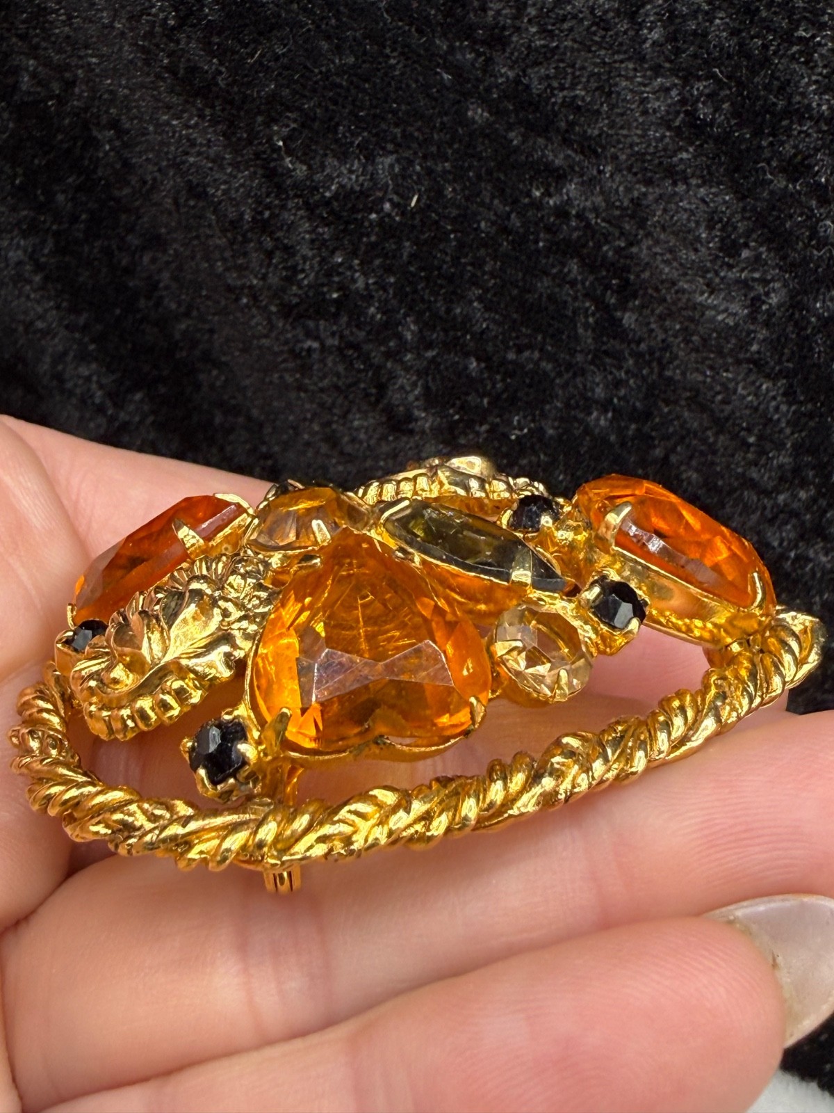 Vintage Rhinestone Brooch Orange Domed Fall Autumn