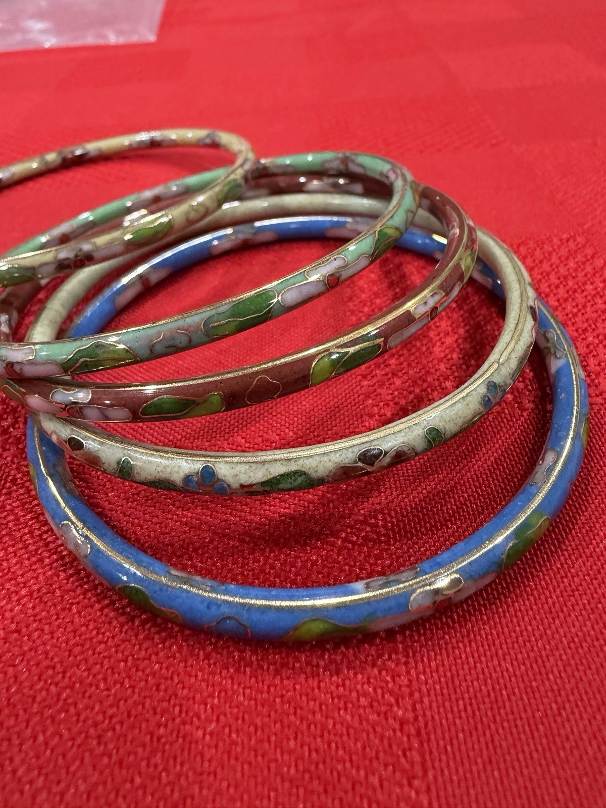 5 Vintage Chinese Cloisonné Bangle Bracelets Set Enamel Floral Multicolor