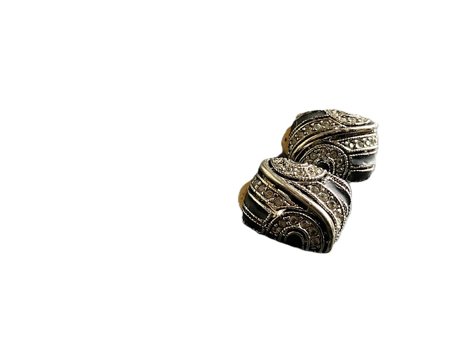 Vintage-Style Silver Black Enamel & Pavé Rhinestone Clip-On Lightweight Earrings