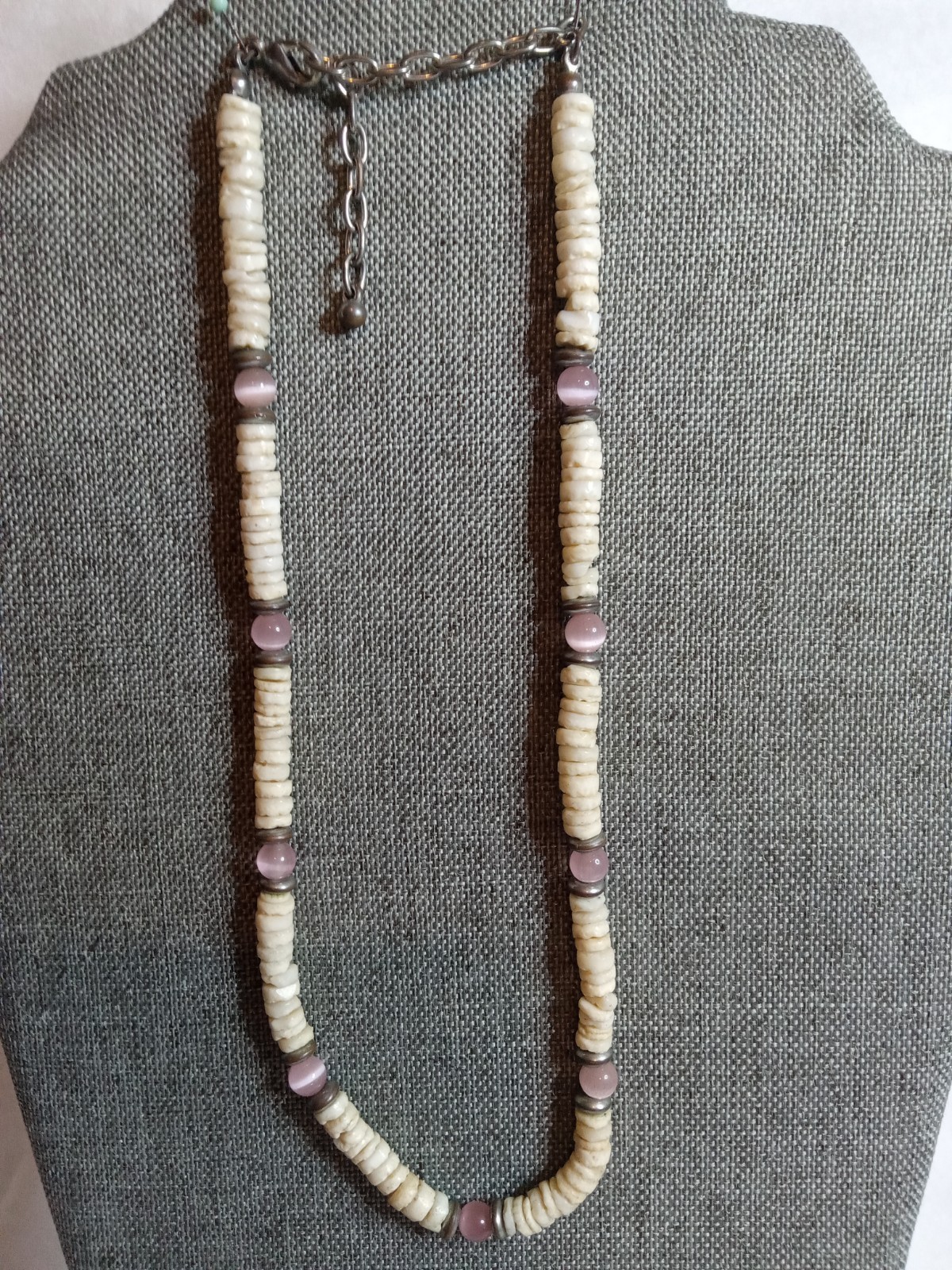VTG Natural Shell Heishi Disc With Pink Pearl Glass Beads Boho Style Necklace