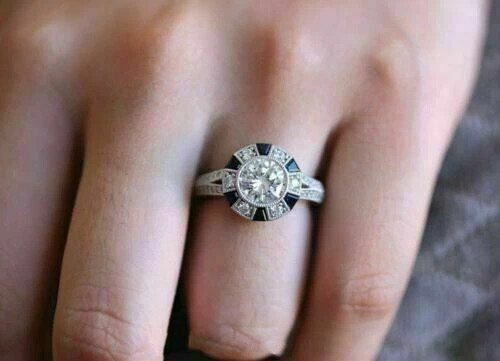 Art Deco Round Lab Created Diamond & Sapphire Wedding 14K White Gold Finish Ring