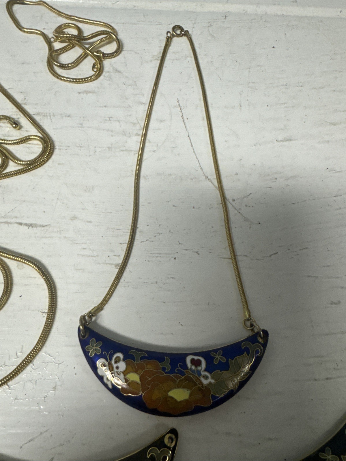 Lot Vintage Cloisonne Round Pendant Gold Cord Necklace Bib Pennant Hair Pin +