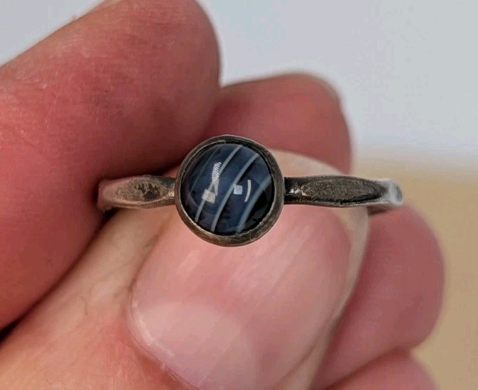 Vintage Sterling Silver .999 Minimalist Banded Black Agate Hexagonal Ring Sz 7