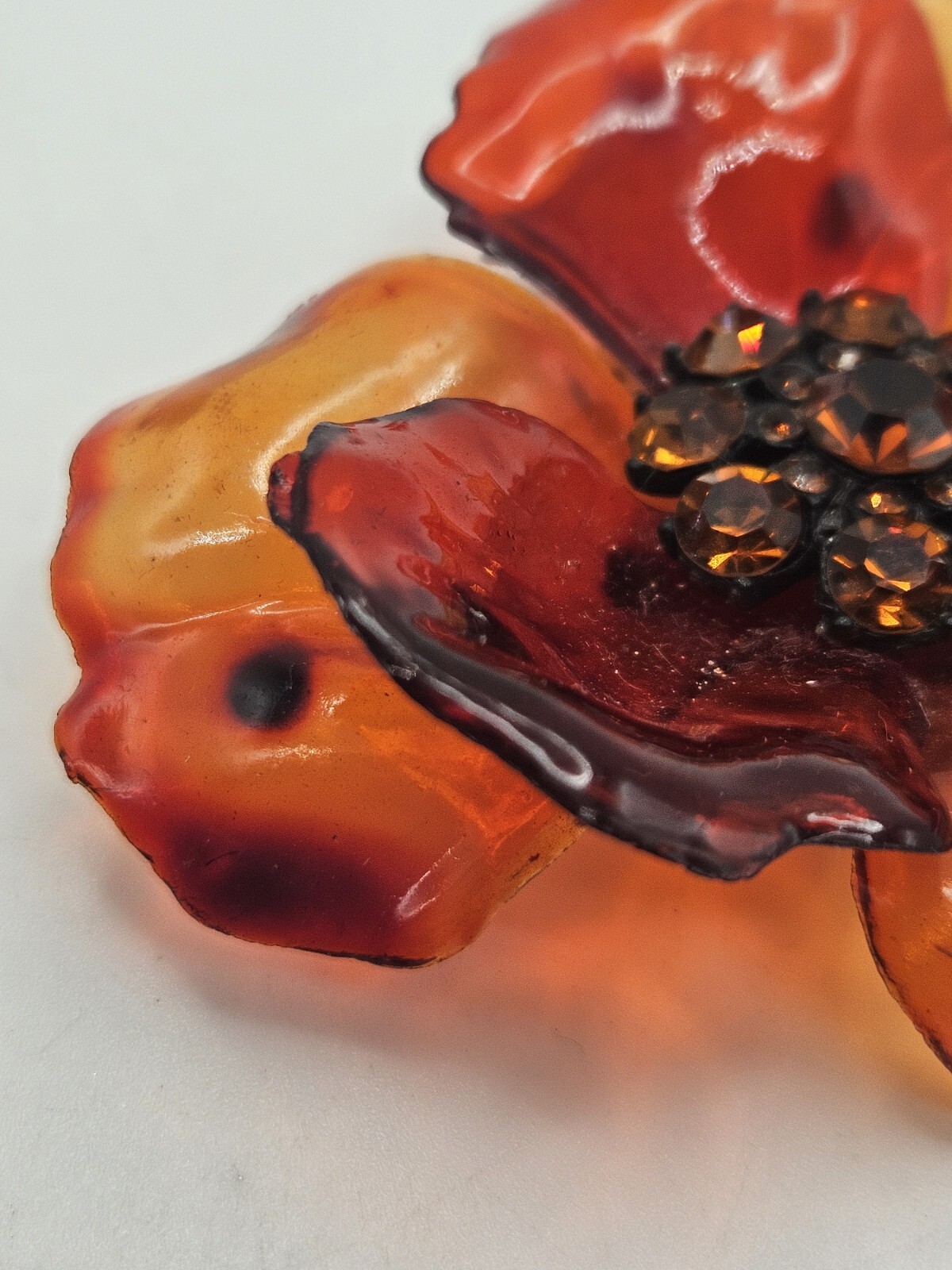 Vintage Orange Lucite Acetate Acrylic Topaz Rhinestone Flower Brooch Pin