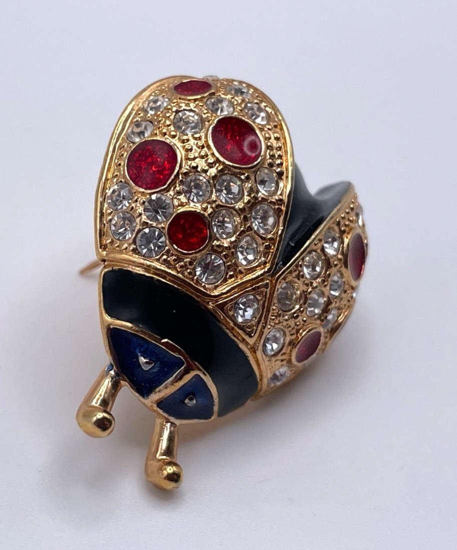 Vintage Roman Signed Gold Tone Ladybug Brooch Pin Red Clear Rhinestones Enamel