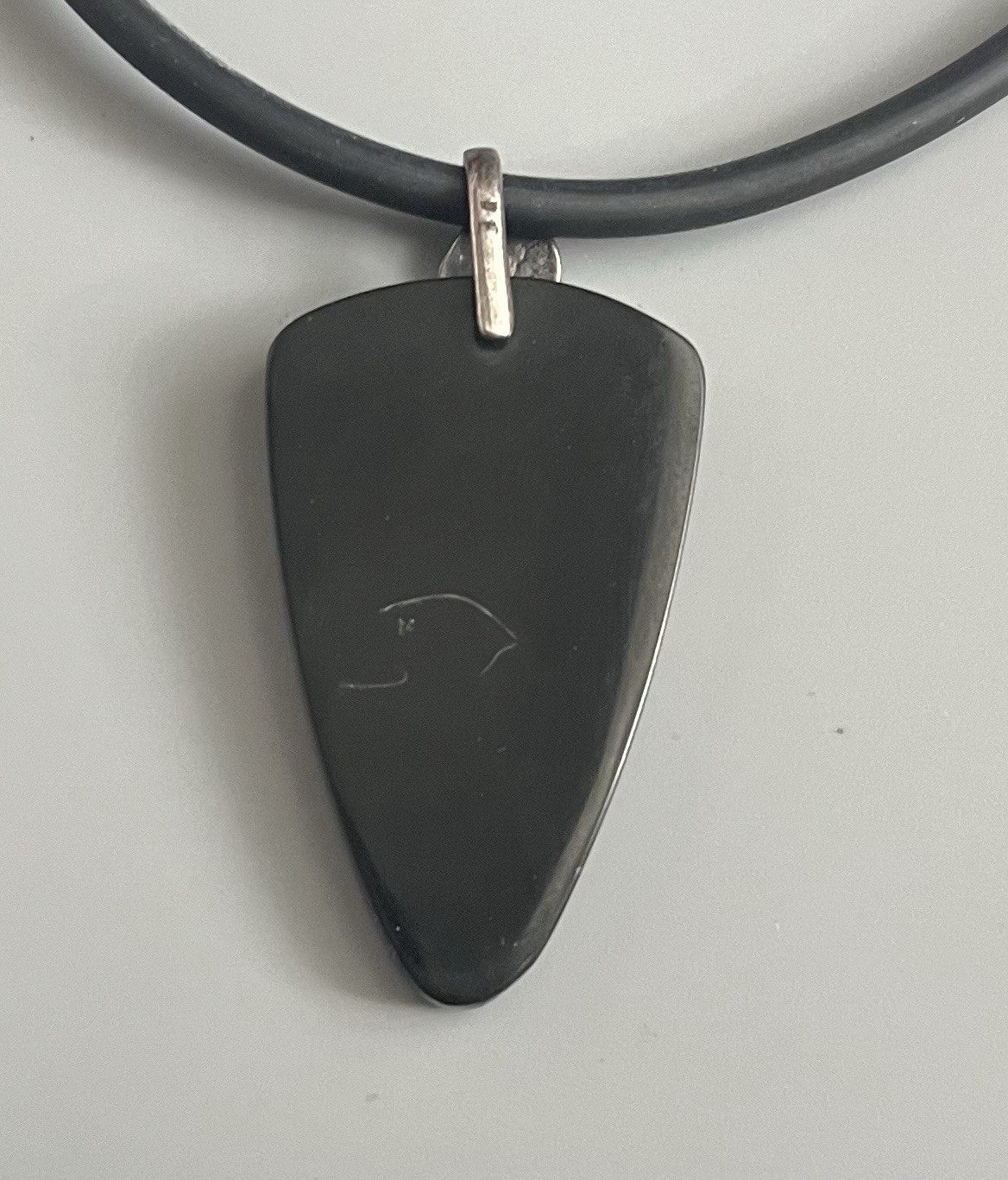 VTG Black Lacquer Abstract Pendant Sterling Clasp-Black Cord-Necklace 16.5”
