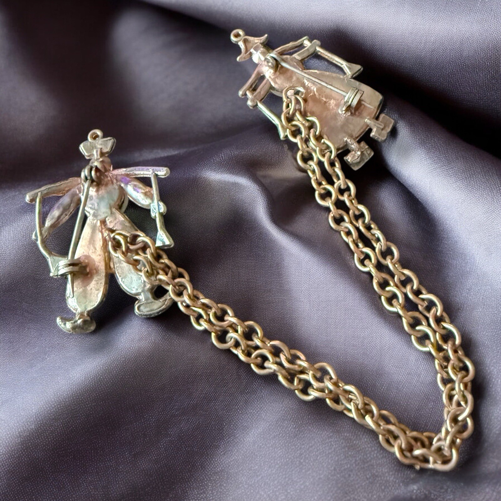 Opaline Glass Chatelaine Brooch Pot Metal Dutch Boy Girl Vintage 1940s