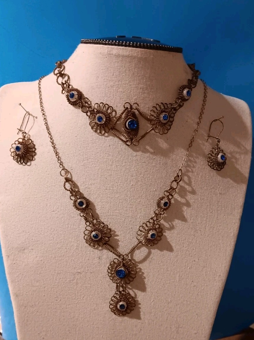 Antique Silesia Iron Wirework Glass Cannetille Set Necklace Bracelet Earrings