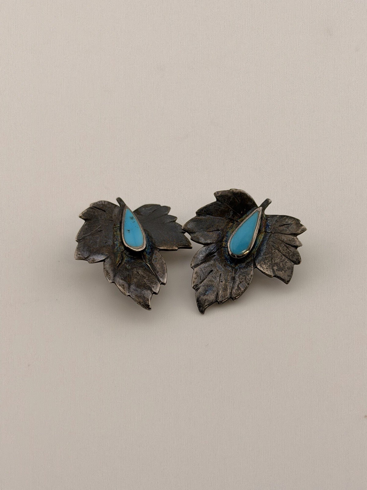 Vintage Leaf Clip On Earrings Blue Cabochon Southwestern Style Non Magnetic