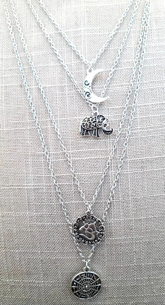Chic Trendy Boho Multi-Strand Chains Silver Tone Moon Elephant 20-26″ Necklace