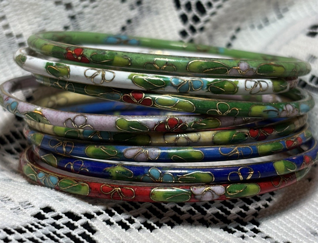 Vintage Cloisonné Asian Enamel Bangle Bracelets Multi Color Set of 8