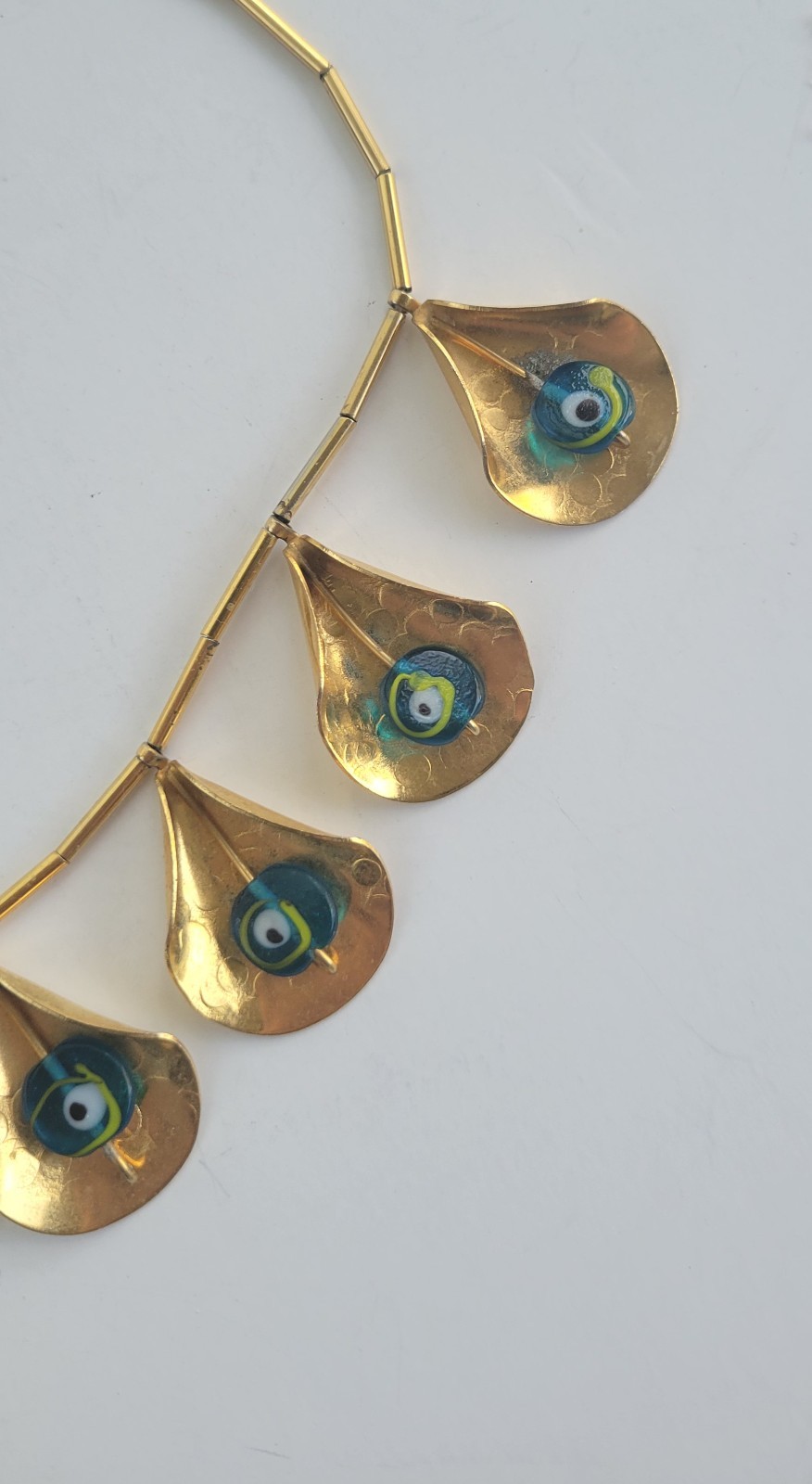 Vintage Necklace Leaf Shaped Pendants with Peacock / Evil Eye Bead