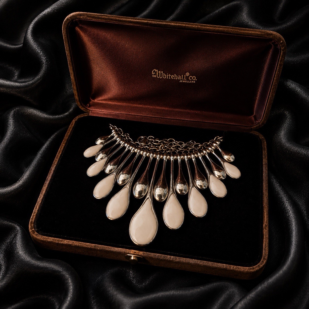 18” Silver Tone & White Teardrop Dangle Bib Necklace, Whitehall Box