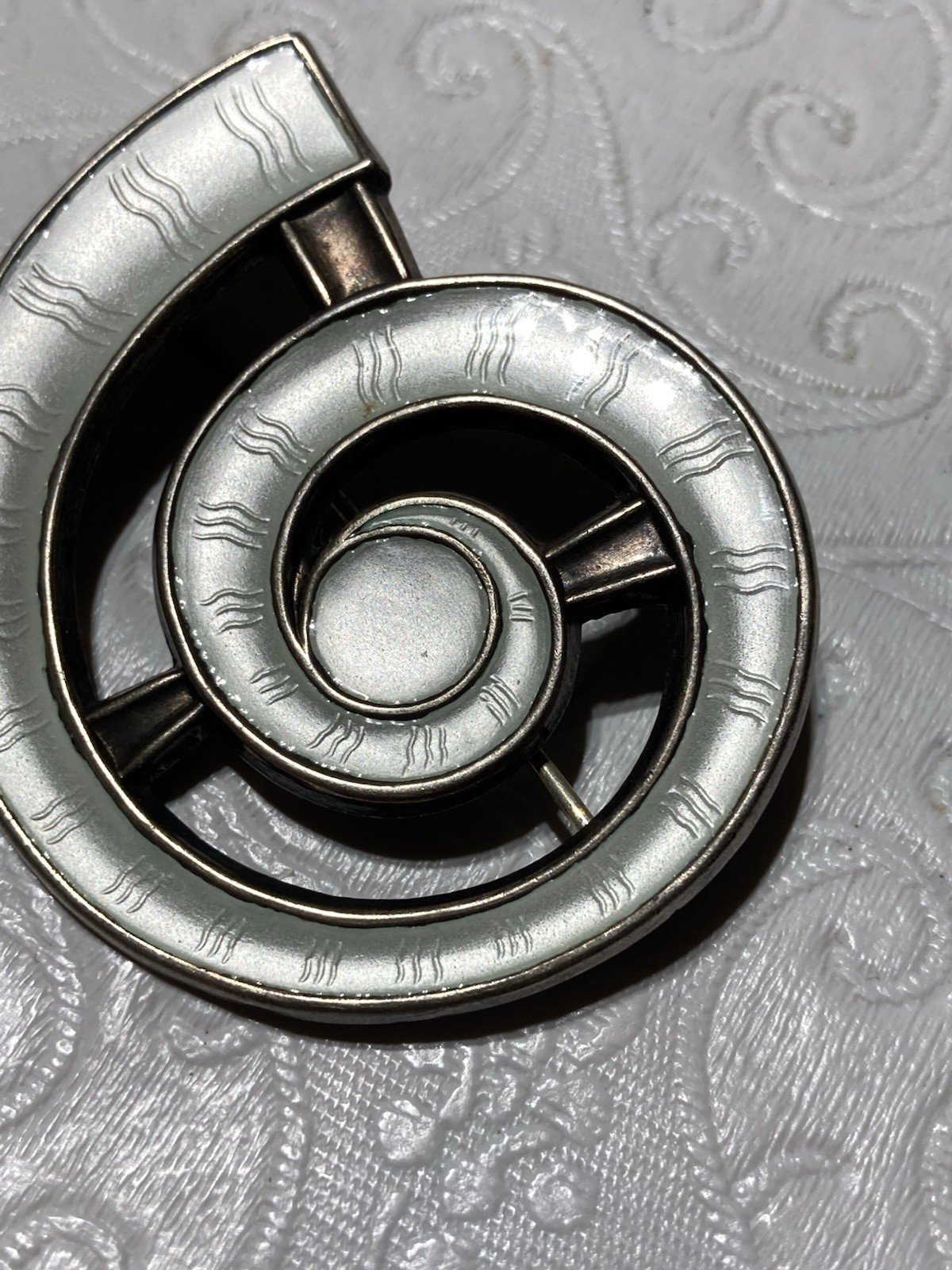 J Tostrup Sterling Guilloche Bright White Enamel Modernist Spiral Brooch/Pin VTG