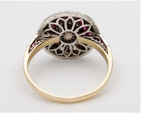 Art Deco Round Lab Created Diamond & Ruby Engagement 14K Yellow Gold Finish Ring