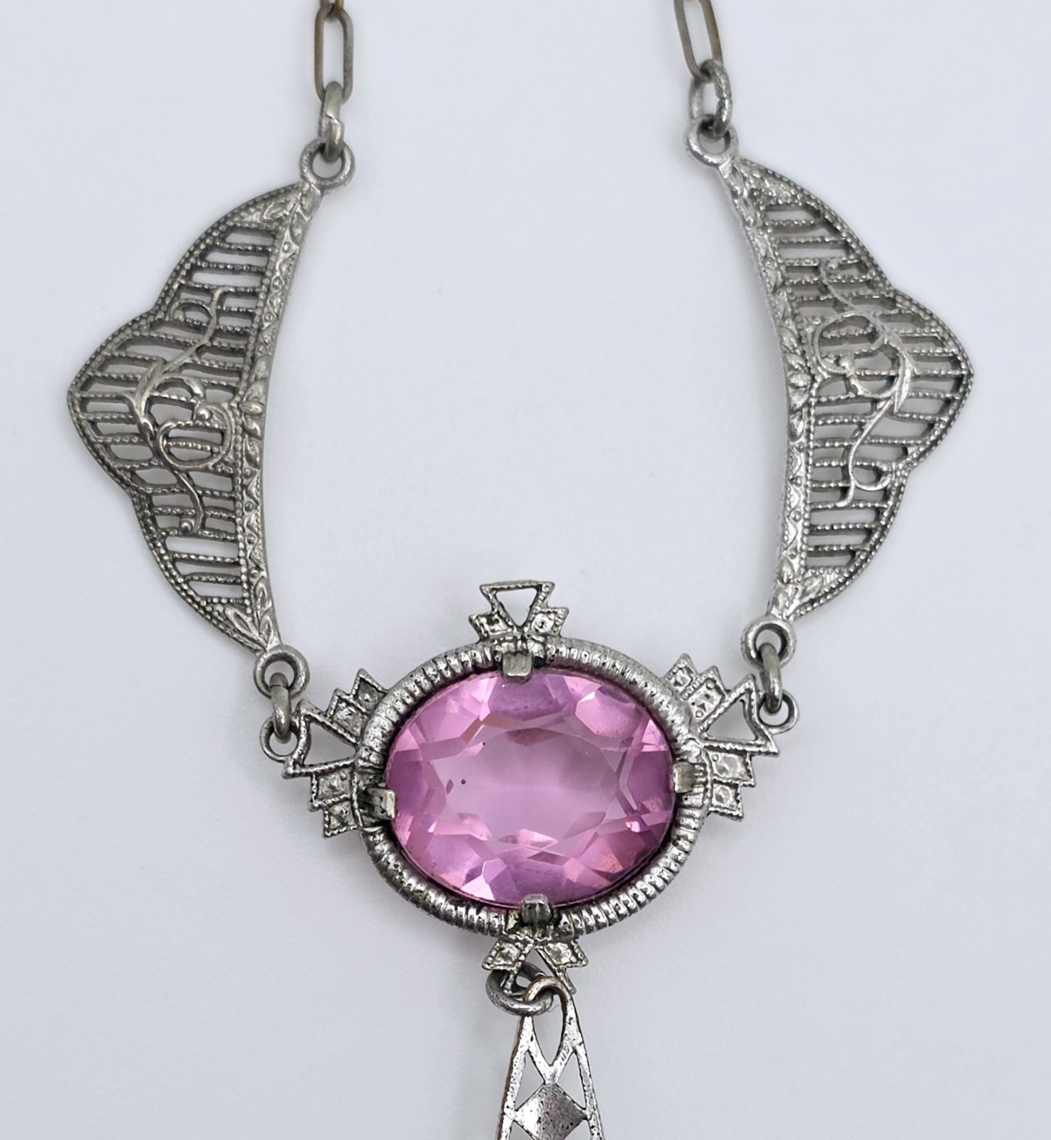 Antique Art Deco Lavalier Pendant Necklace Pink Glass Filigree Edwardian