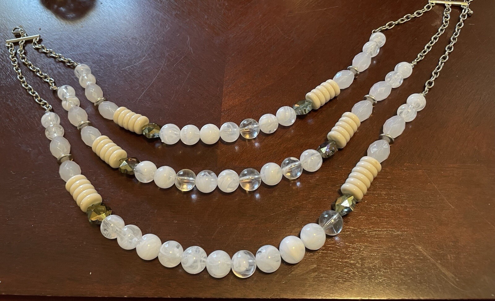 Lani Three Strand Necklace/Silvertone 17” /Various Material
