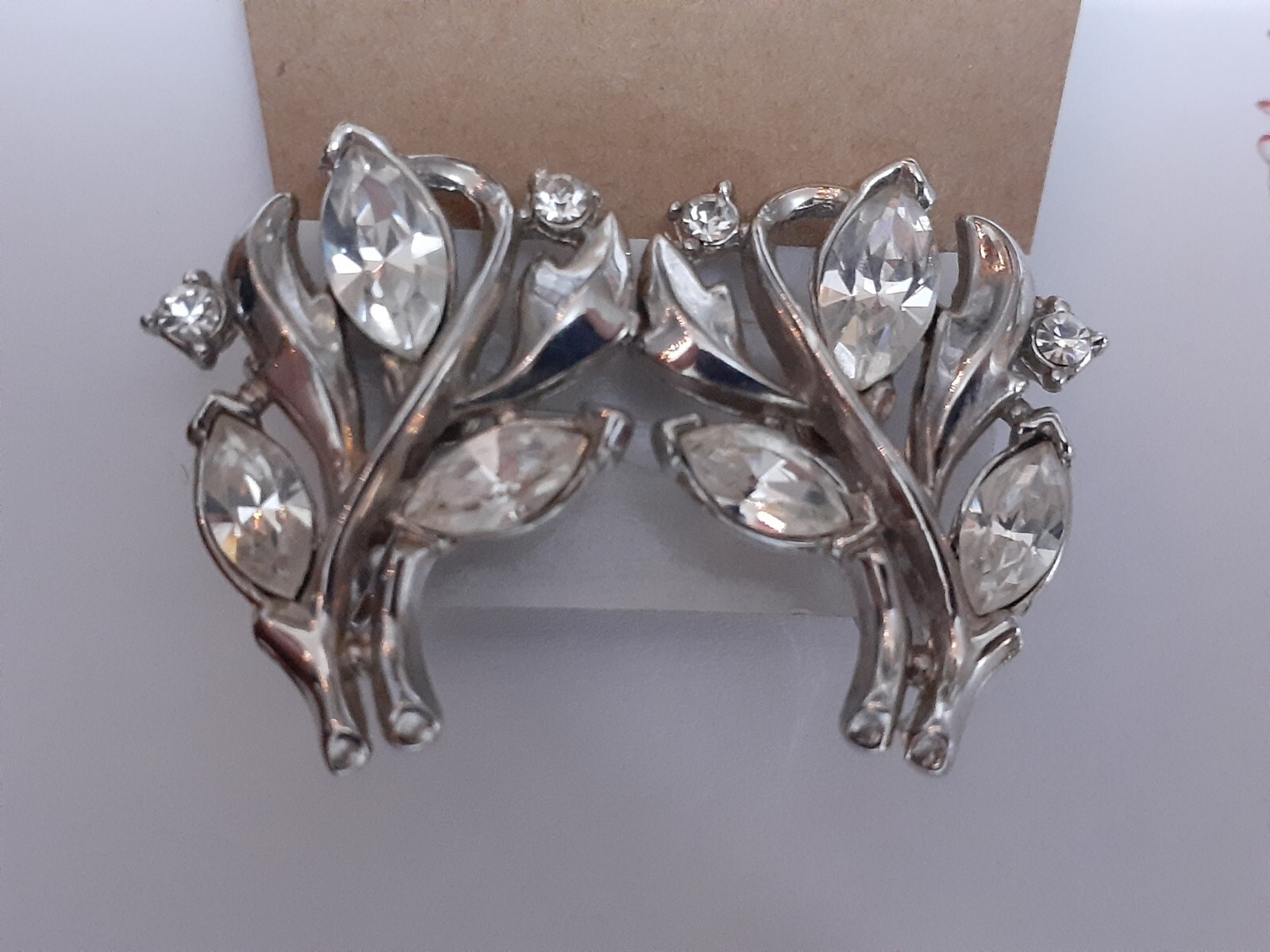 Vintage Crown Trifari rhodium plated marquise cut rhinestone clip on earrings