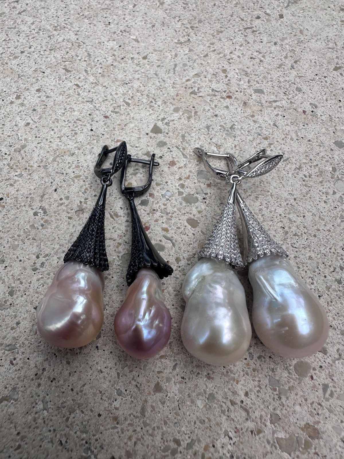 2.6” White Baroque Flameball Pearl Drop Earrings CZ Leverback Bridal Gift