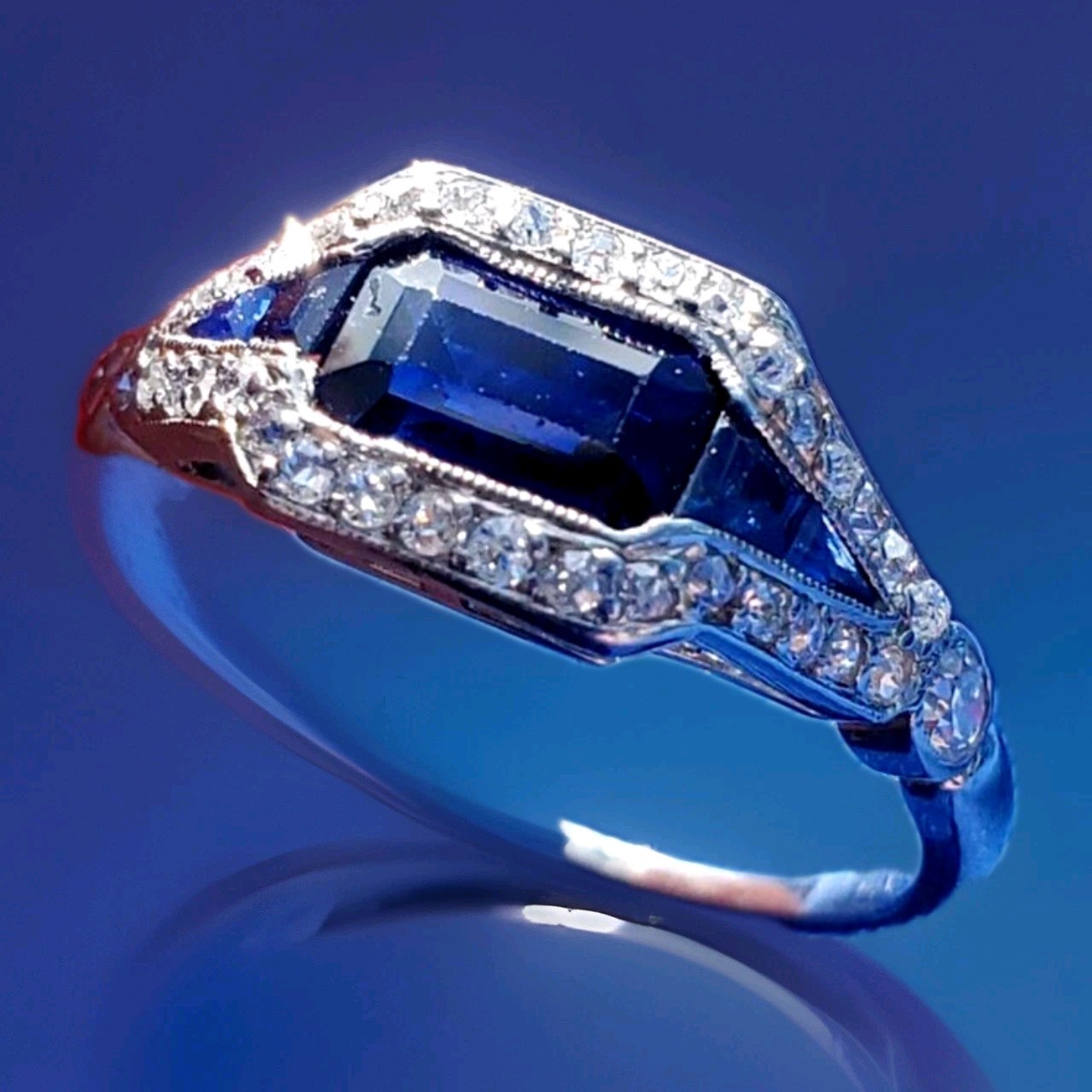 Original EARTH MINED SAPPHIRE DIAMOND ART Deco SOLID PLATINUM Engagement RING 6