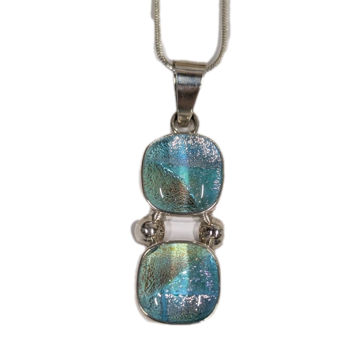 Vintage Sterling Silver Blue Dichroic Glass Pendant 1990s Handmade In Mexico