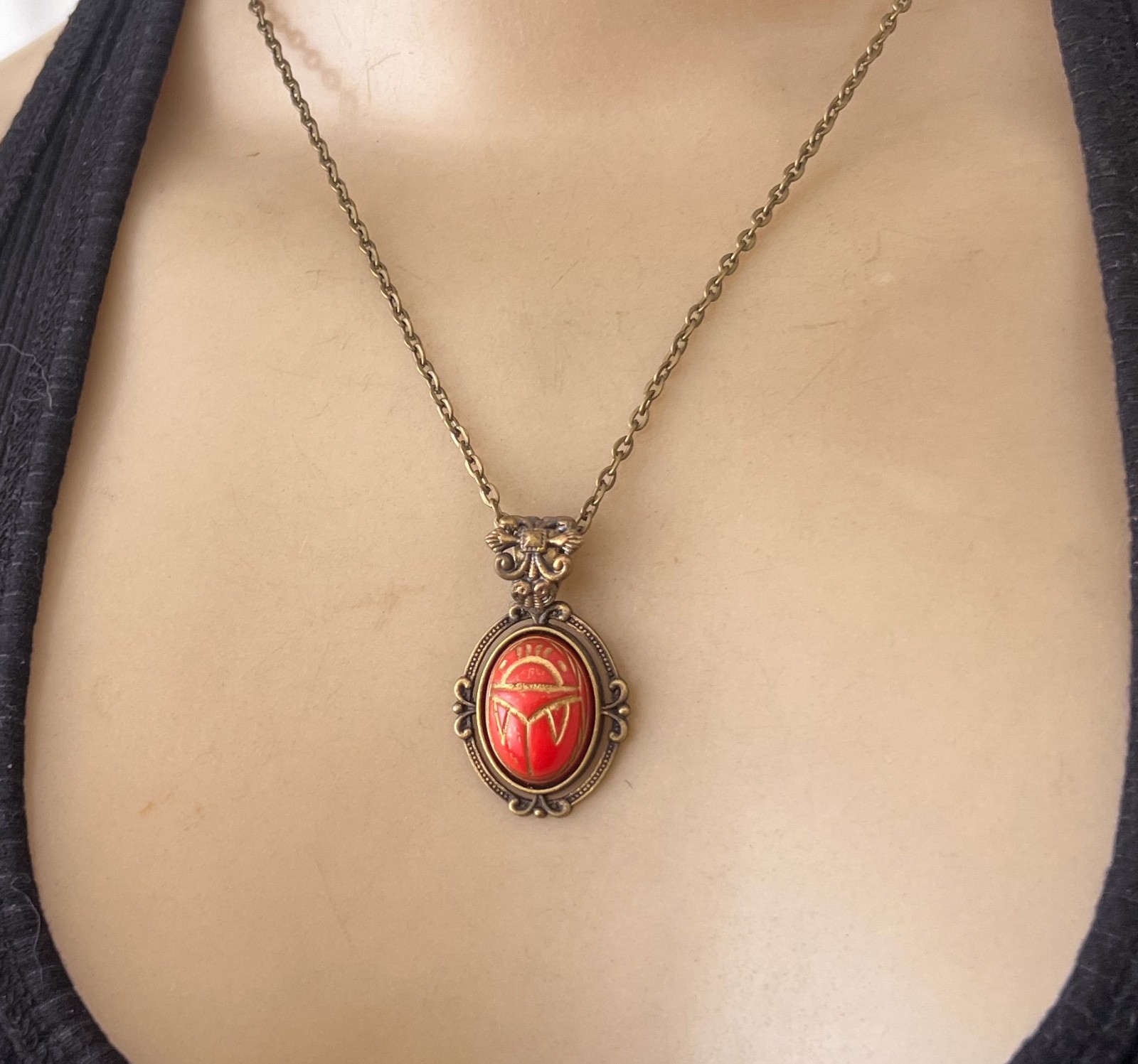 Vintage Scarab Necklace Egyptian Revival Pendant Antique Celluloid Beetle