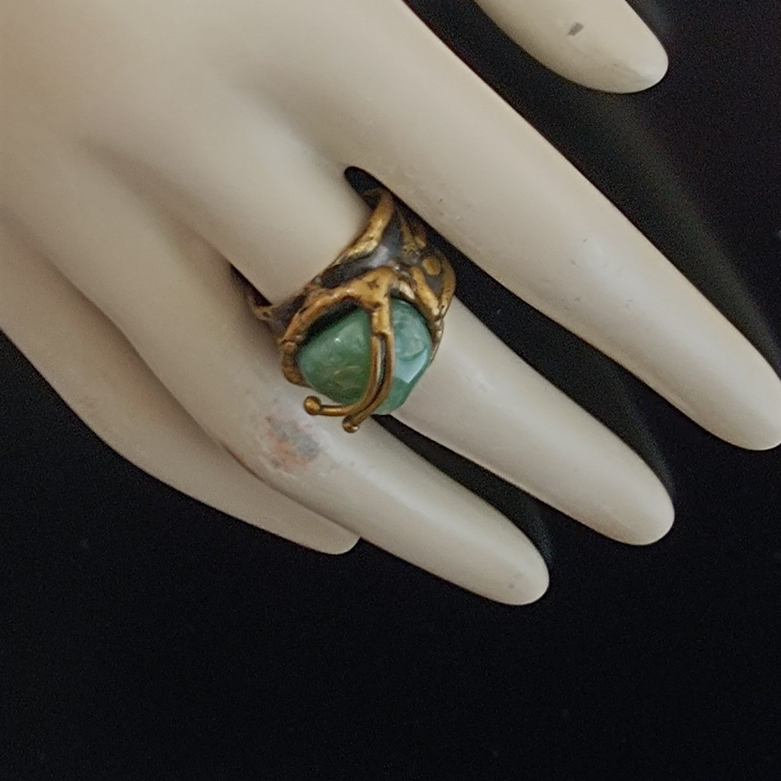 Brutalist Boho Ring Green Stone Organic Art Nouveau Revival Adjustable Statement