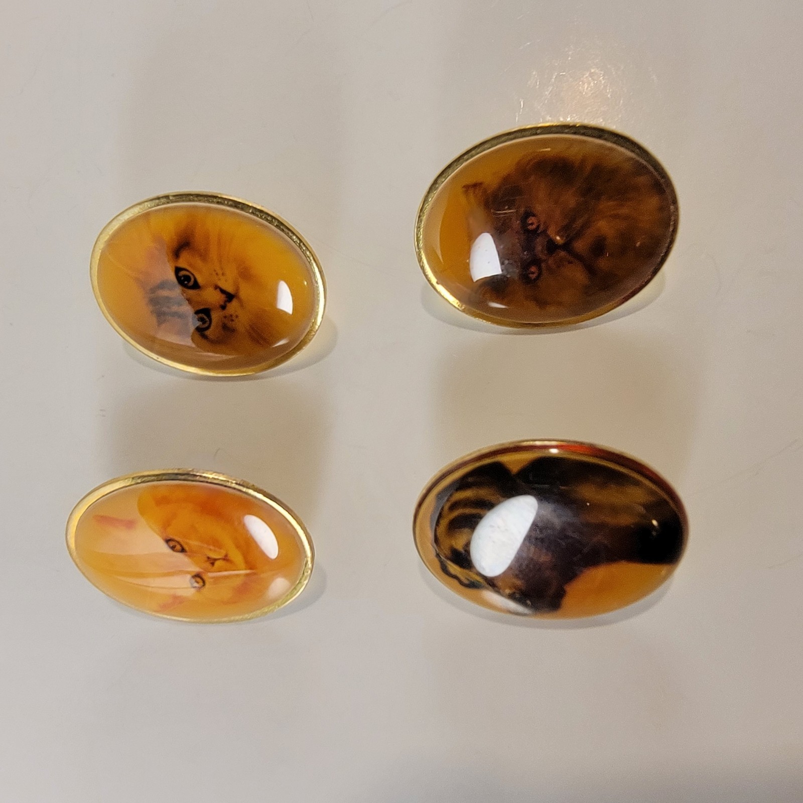 VINTAGE GOLD TONE CAT DOG PORTRAIT LAPEL PIN LOT X4 OVAL ANIMAL PET PINS