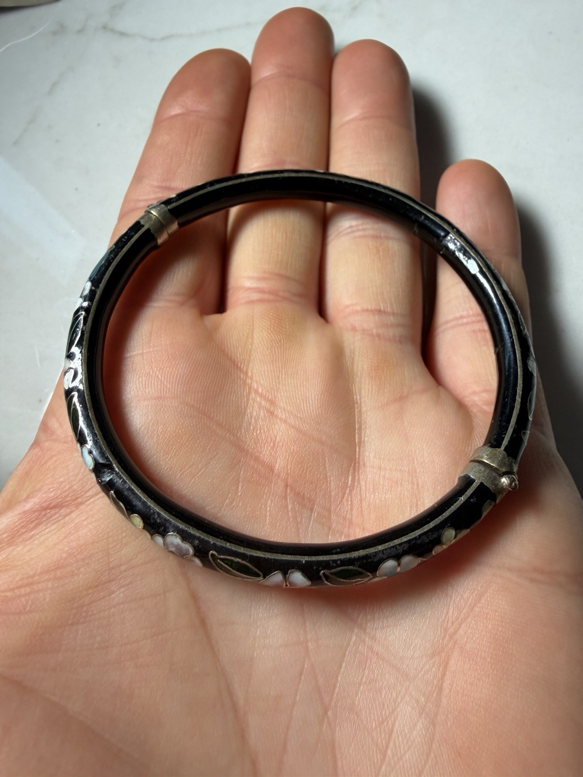 Vintage Cloisonne Enamel Floral Hinged Bangle Bracelet Black Background 2.8in