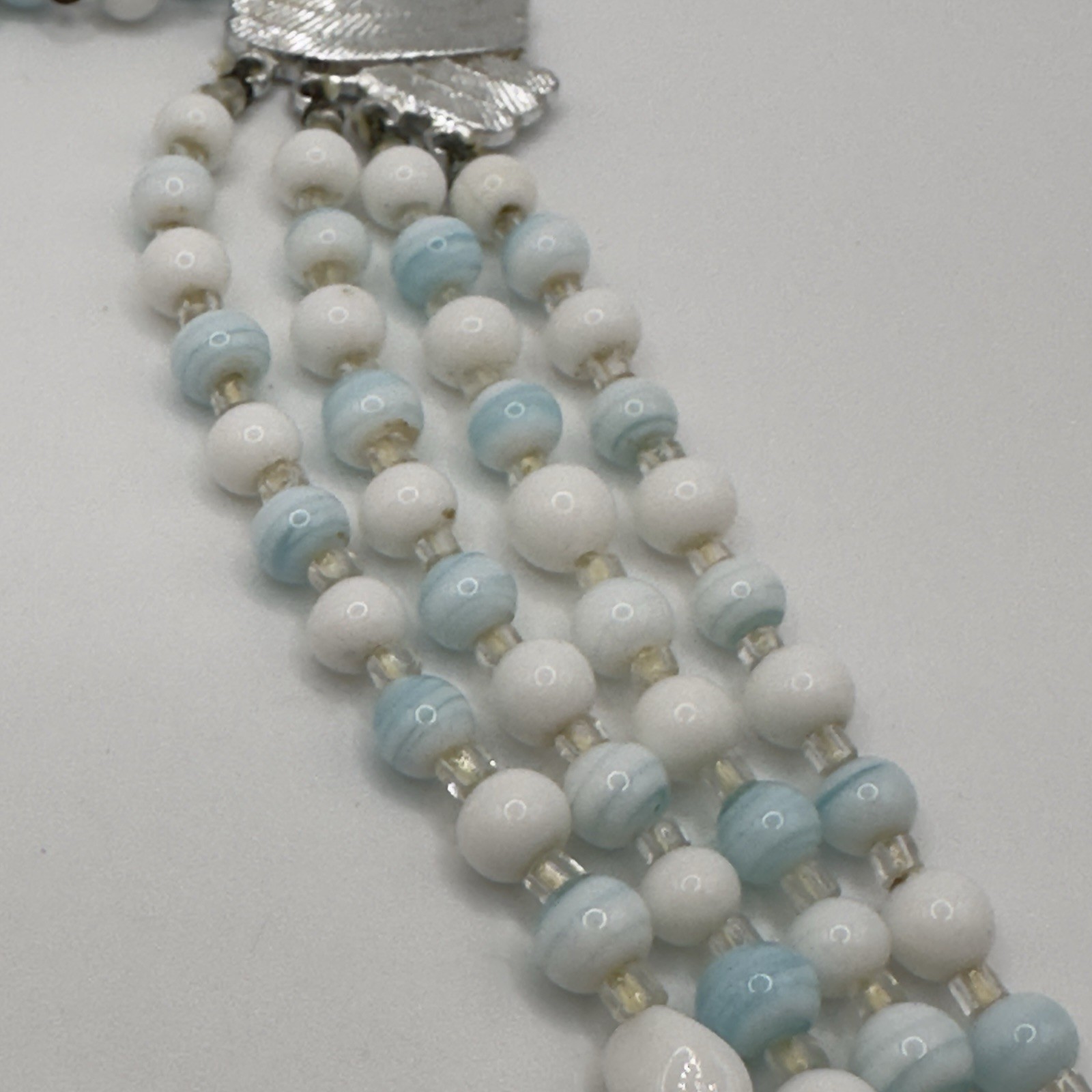 Vintage Multi 4 Strand Necklace Blue White Art Glass Beaded 17″ Choker Bib Japan
