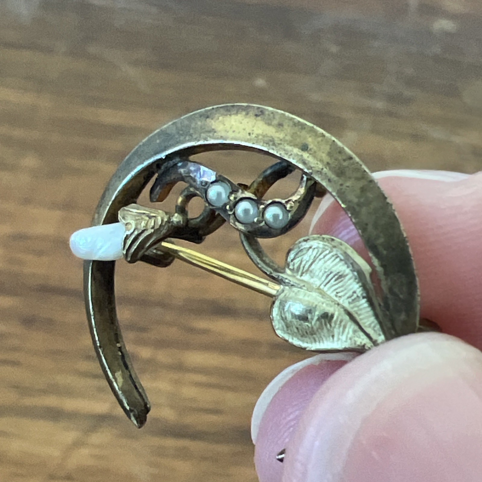 Antique Edwardian Crescent Moon Seed Pearl Pin Pendant Gold Filled