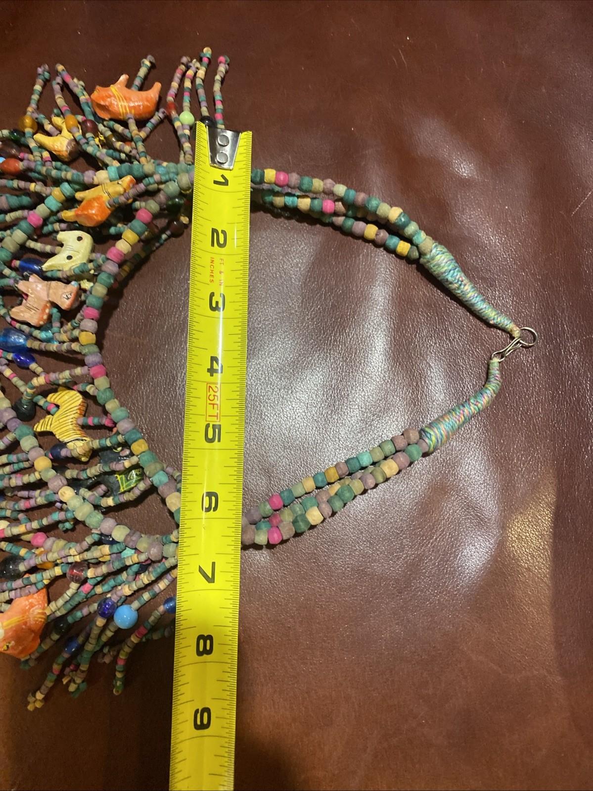 BOHO African Multi Strand Statement Necklace Wooden Carved Animals Fringe Beads