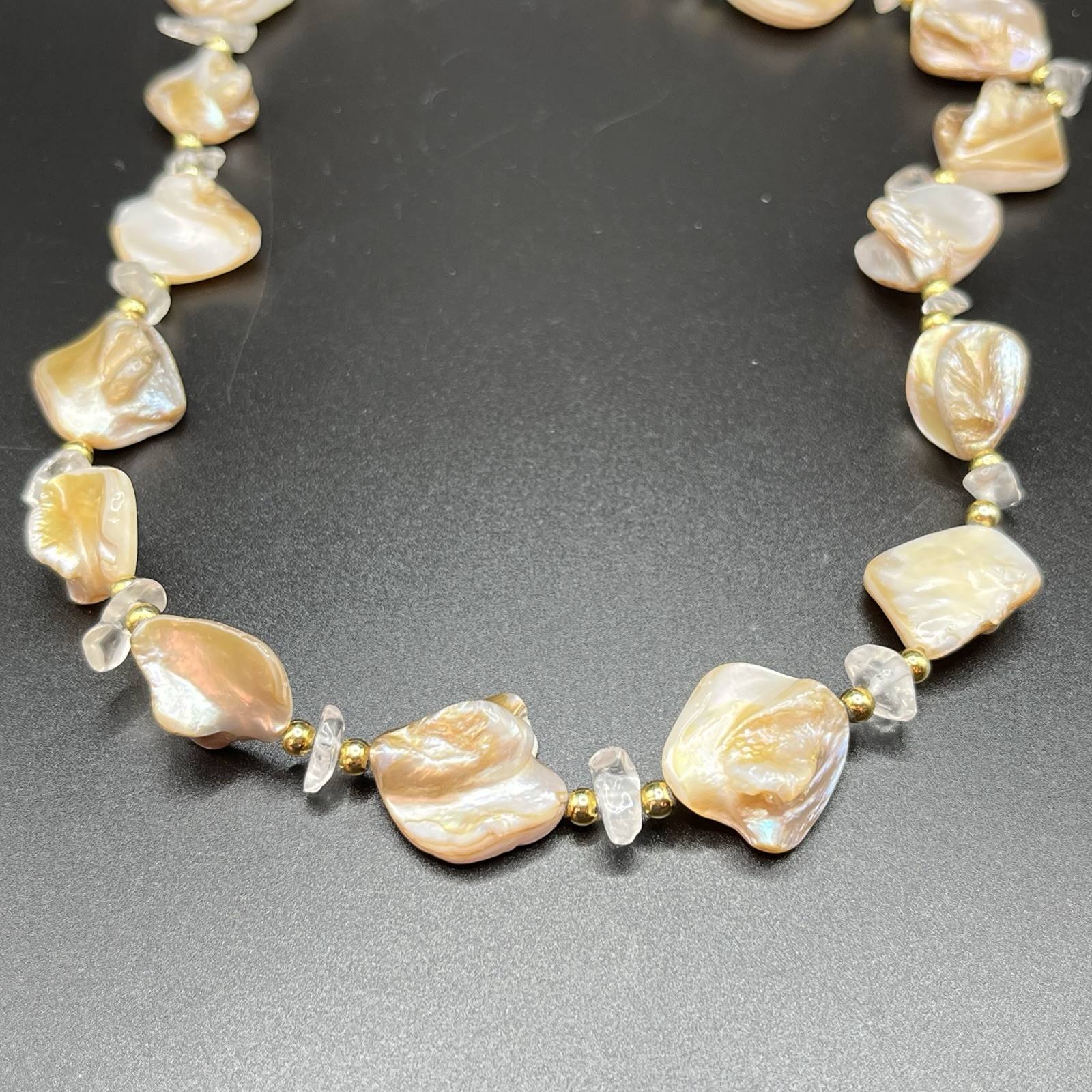 Vintage Beaded Shell Mother of Pearl Necklace Peach Cream Beige Pearlescent 19”