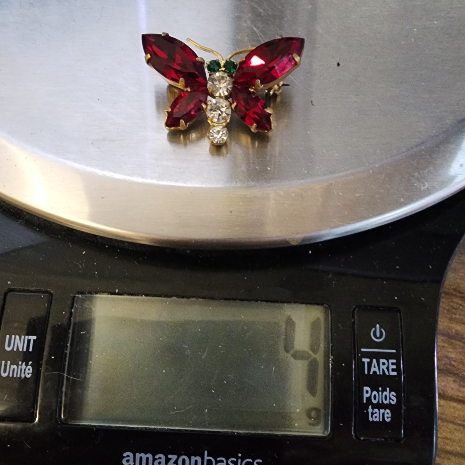 VTG Austria Rhinestone Butterfly Brooch Ruby Red Clear Green Figural Insect Pin