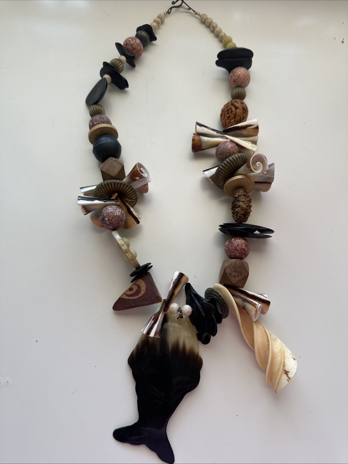 Vtg Polished Horn Fish Pendant Chunky Statement Necklace.See pics.