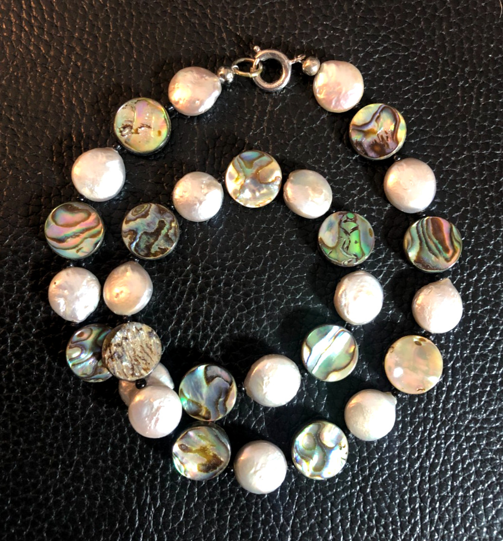 Vintage Silver Freshwater Coin Pearl Abalone Shell Disk Bead Necklace 925 P1