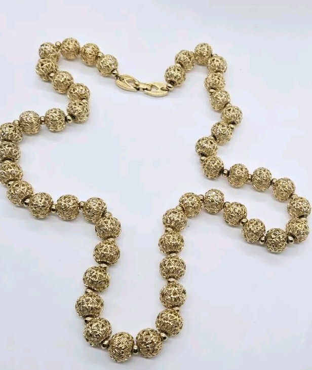 Vintage MONET Necklace Gold Tone Filigree Ball Art Deco Long 25 in
